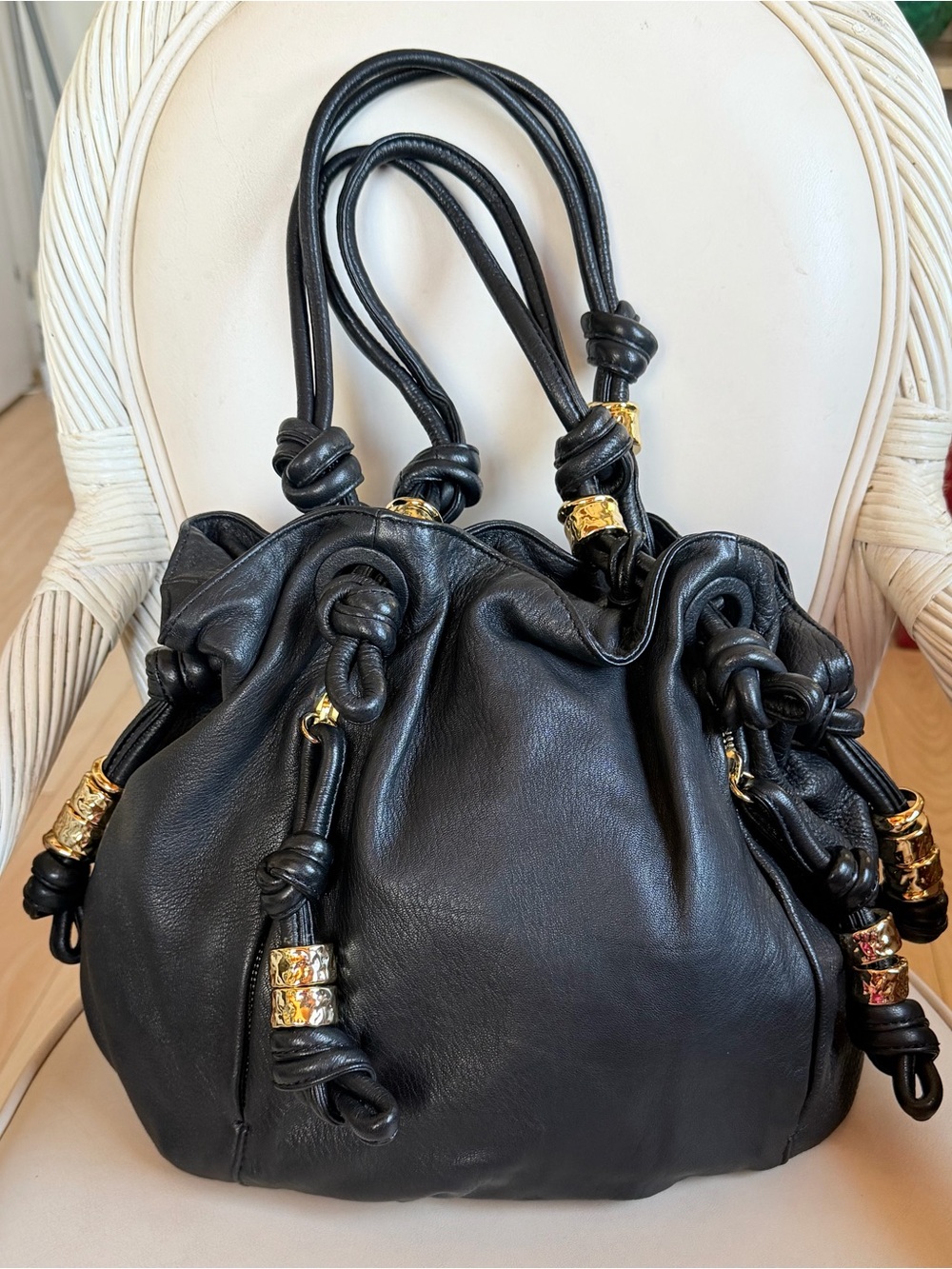 MICHAEL KORS Roslyn Black Knotted Deerskin Leather Tote. MINT! - Picture 5 of 9